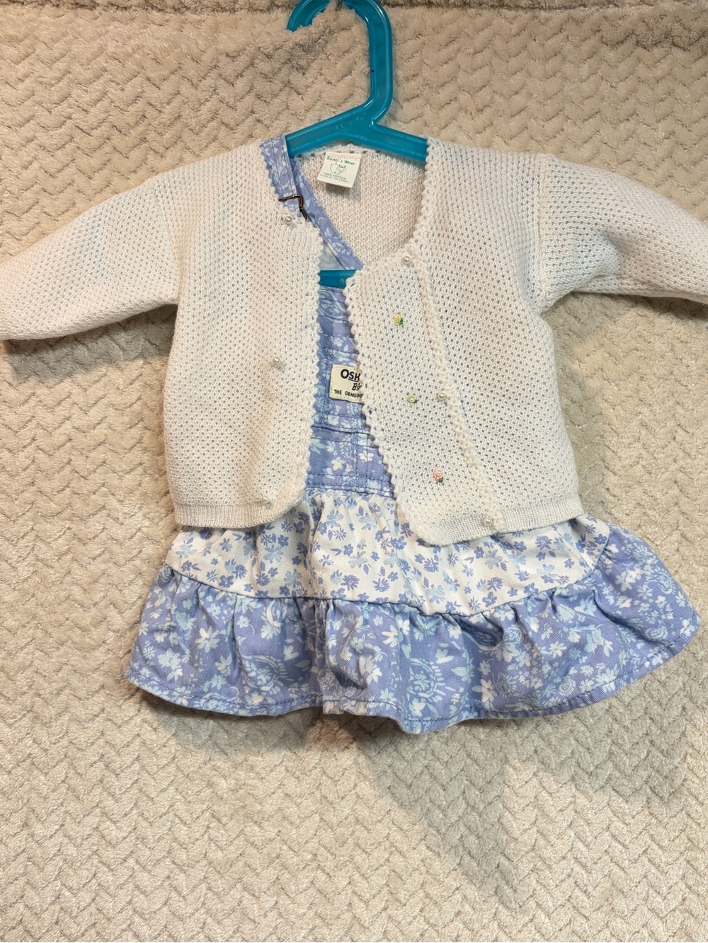 2 pc Baby Girl Outfit Set: 3M OshKosh Floral‎ Overall Dress White Knit Cardigan